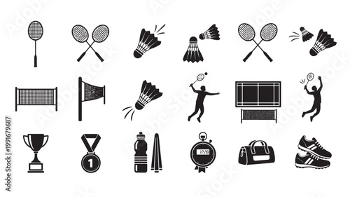 Badminton sport icons set, black silhouette badminton equipment collection, professional racket and shuttlecock vector elements for tournament design