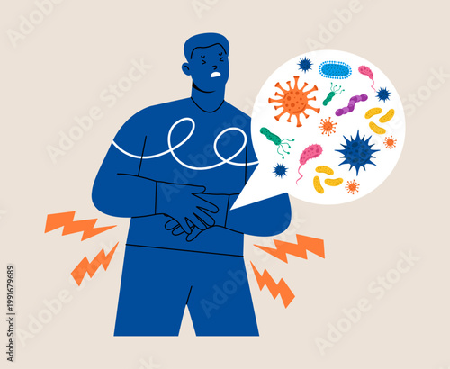 Sick man having stomach ache. Bacteria,germs,microorganism,viruses concept. Colorful vector illustration