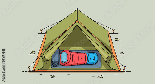 Green camping tent with a sleeping bag inside, ready for adventure.