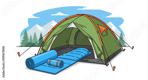 Green camping tent with blue sleeping bag and mat illustration.