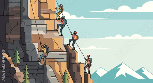 Group of people climbing steep mountain.