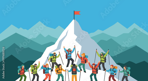 Group of People Skiing on Mountain.