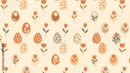 Charming seamless pattern of decorated easter eggs and simple tulips in warm muted tones on a light cream background for holiday textiles and paper.