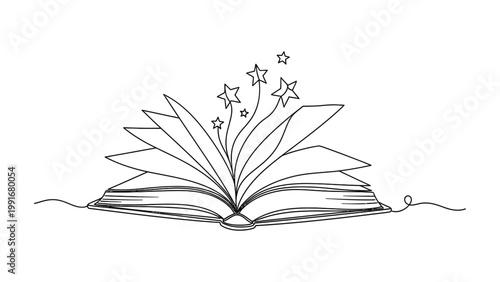 Continuous single line drawing of an open magical storybook with floating stars.