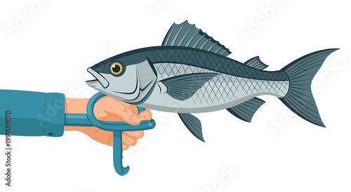 Hand holding fish with hook.