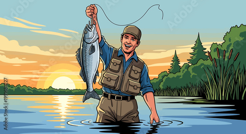 Happy Fisherman Holding a Large Fish in the Water at Sunset.