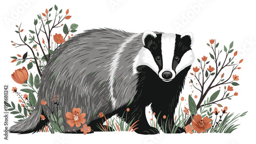 Naturalistic illustration of a badger standing among lush green plants and red flowers on a white background for nature education or art projects.