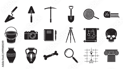 Archaeology icon set with 18 black vector symbols, archaeological excavation equipment and ancient artifacts, history research tools for museum education