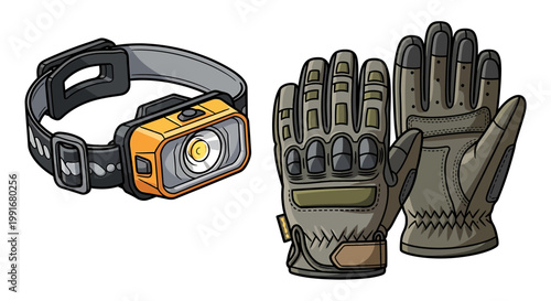 Headlamp and protective work gloves.