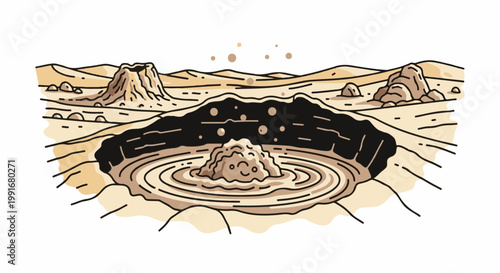 Bubbling mud pot in a desert landscape with distant hills and rocks