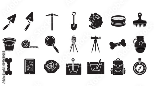Archaeology equipment icons set, 21 black silhouette vector elements for paleontology, archaeological excavation tools and fossil research symbols