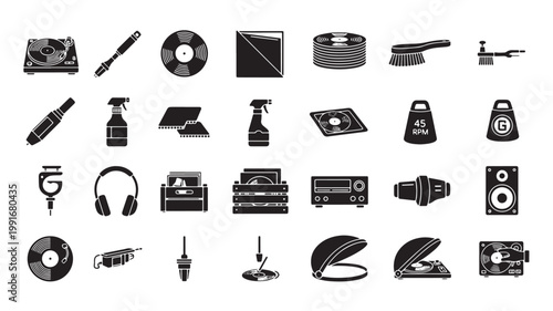 Vinyl record care and audio equipment icons, 28 black silhouette vector elements for music collectors, turntable maintenance and hi-fi accessories set