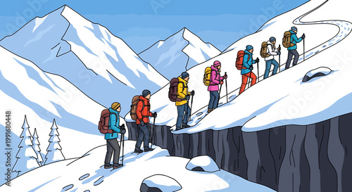 Group of Hikers Ascending Snowy Mountain Trail in Winter Season.