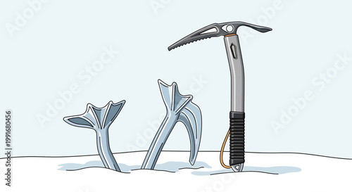 Ice axe and climbing tools stuck in snow.