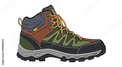 Hiking boot with laces and sole.