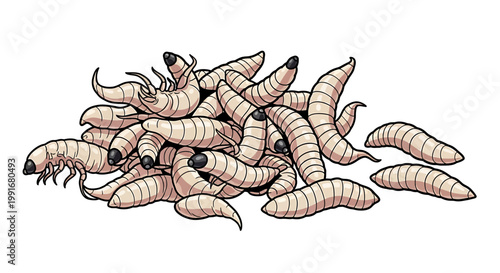 Illustration of a Pile of Maggots, Close-Up View, Isolated.