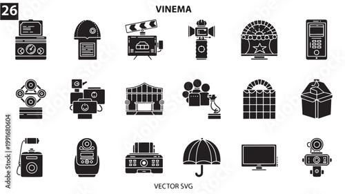 Cinema and filmmaking solid icons set, 26 black vector movie production symbols, professional cinematography equipment and theater elements