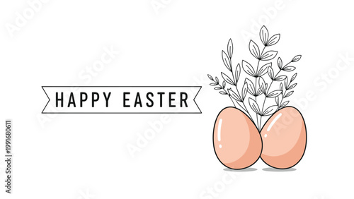 Happy easter greeting card showcases two large peach colored eggs nestled among delicate black and white leafy branches on a white background.