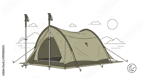Illustrated Camping Tent with Trekking Poles in a Scenic Outdoor Setting.