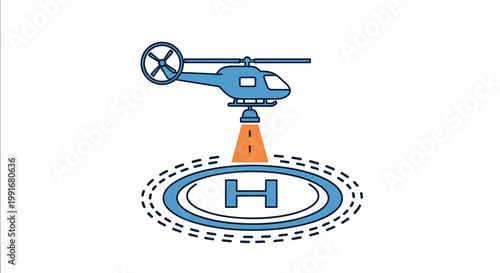 Illustrated Blue Helicopter Hovering Above Hospital Helipad Symbol.