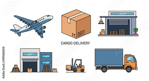 Illustrated Cargo Delivery Elements Depicting Transportation and Logistics.