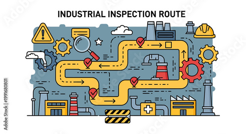 Industrial Inspection Route with Factories and Safety Symbols.