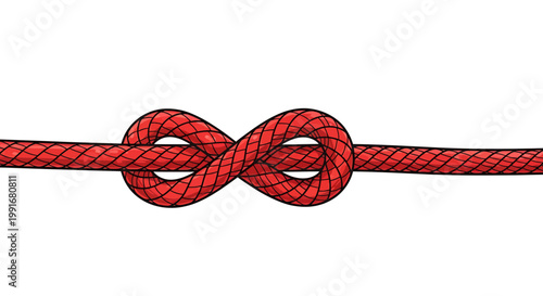 Intricate Red Rope Tied in a Figure Eight Knot Against White.