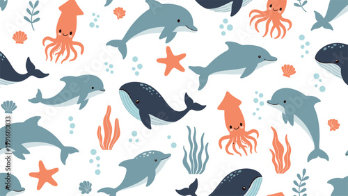 Playful seamless pattern features various sea creatures like blue dolphins, dark whales, and orange squids swimming among bubbles and seaweed.