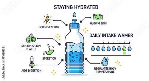 Illustrated Water Bottle Showing Health Benefits and Daily Intake.