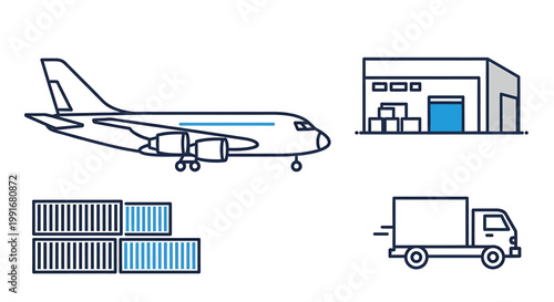Illustration of a Cargo Airplane, Warehouse, Containers, and Delivery Truck.