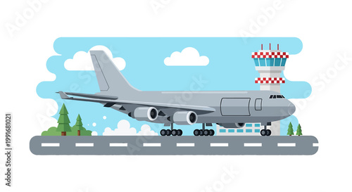 Illustration of a Modern Cargo Airplane Landing on the Runway.