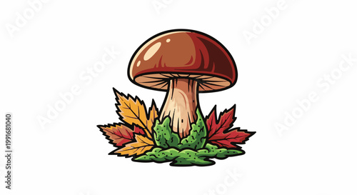 Autumn mushroom with colorful fallen leaves and moss