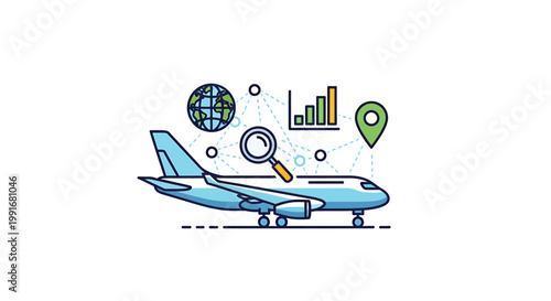 Illustration of a modern passenger airplane with travel and business icons.