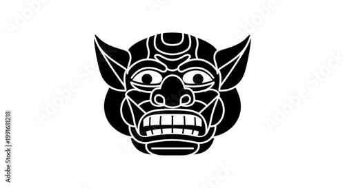 Intricate Black and White Demon Face Depicting Evil and Darkness.