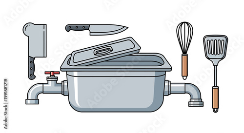 Kitchen sink with utensils and tools.