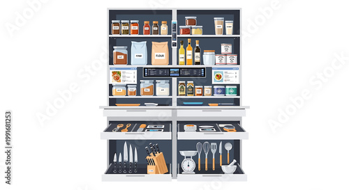 Kitchen utensil and dish storage organization.