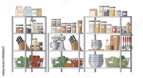 Kitchen pantry shelves filled with food and cooking supplies.