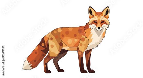 Artistic illustration of a striking fox with a patterned coat, standing alert