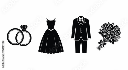 Wedding Ceremony Icon Set - Rings Wedding Dress Groom Suit Flower Bouquet Black Silhouette Vector
