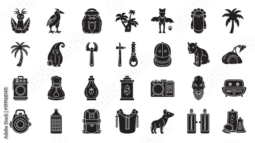 Tribal adventure icons set, 28 black silhouette vector elements, tropical safari and jungle exploration symbols, ethnic travel and camping gear graphics