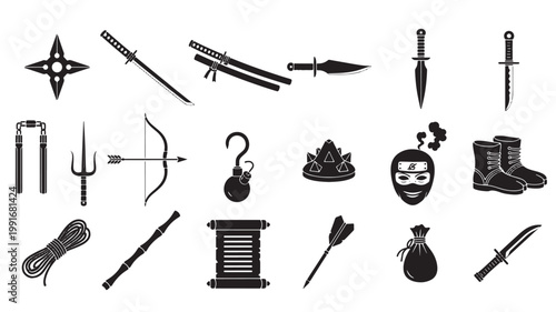 Ninja warrior weapon icons set, black silhouette martial arts equipment collection, 18 ancient japanese assassin tools and gear vector elements