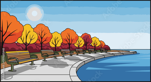 Autumn park benches overlook a tranquil lake under a soft sun