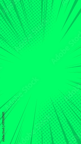 Green cartoon comic speed radial lines vertical abstract background with halftone circle dots texture