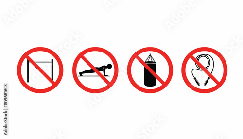 Prohibited Forbidden Fitness Exercise Signs - No Pull Up Bar No Push Up No Punching Bag No Jump Rope Red Circle Vector
