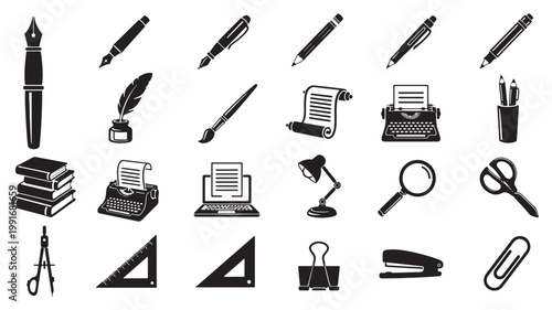 Black writing and office stationery icons set, collection of 21 vector elements for literature and education, vintage typewriter and fountain pen symbols