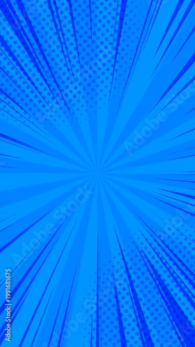 Blue sun rays vertical abstract background with cartoon comic speed radial lines and halftone circle dots texture