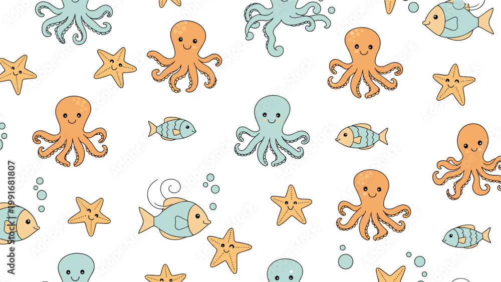 Obraz premium Playful seamless pattern featuring cute cartoon sea creatures like octopuses fish and starfish on a clean white background.