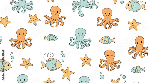 Playful seamless pattern featuring cute cartoon sea creatures like octopuses fish and starfish on a clean white background.