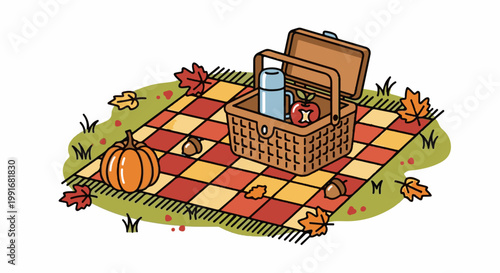 Autumn picnic basket with pumpkin, apple, and thermos on blanket