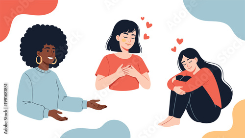 Diverse group of women expressing self love and positive emotions with hearts and gentle gestures on a modern background.